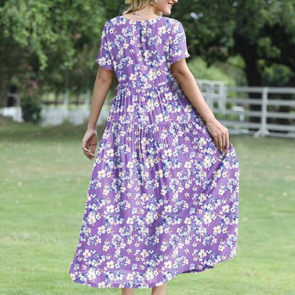 Women Casual Loose Bohemian Floral Dress with Pockets Short Sleeve Long Maxi Sum - Picture 4 of 4